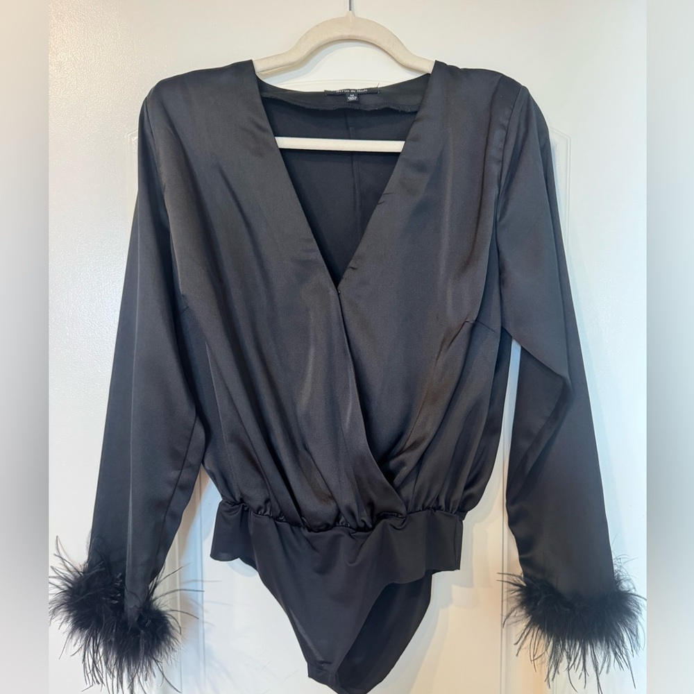 Black Satin Bodysuit with Feather Cuffs